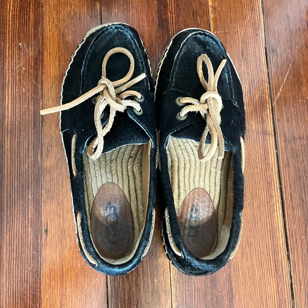 UGG Australia Womens Coris Calf Hair Scales Espadrille Shoes Black Lace Up Used